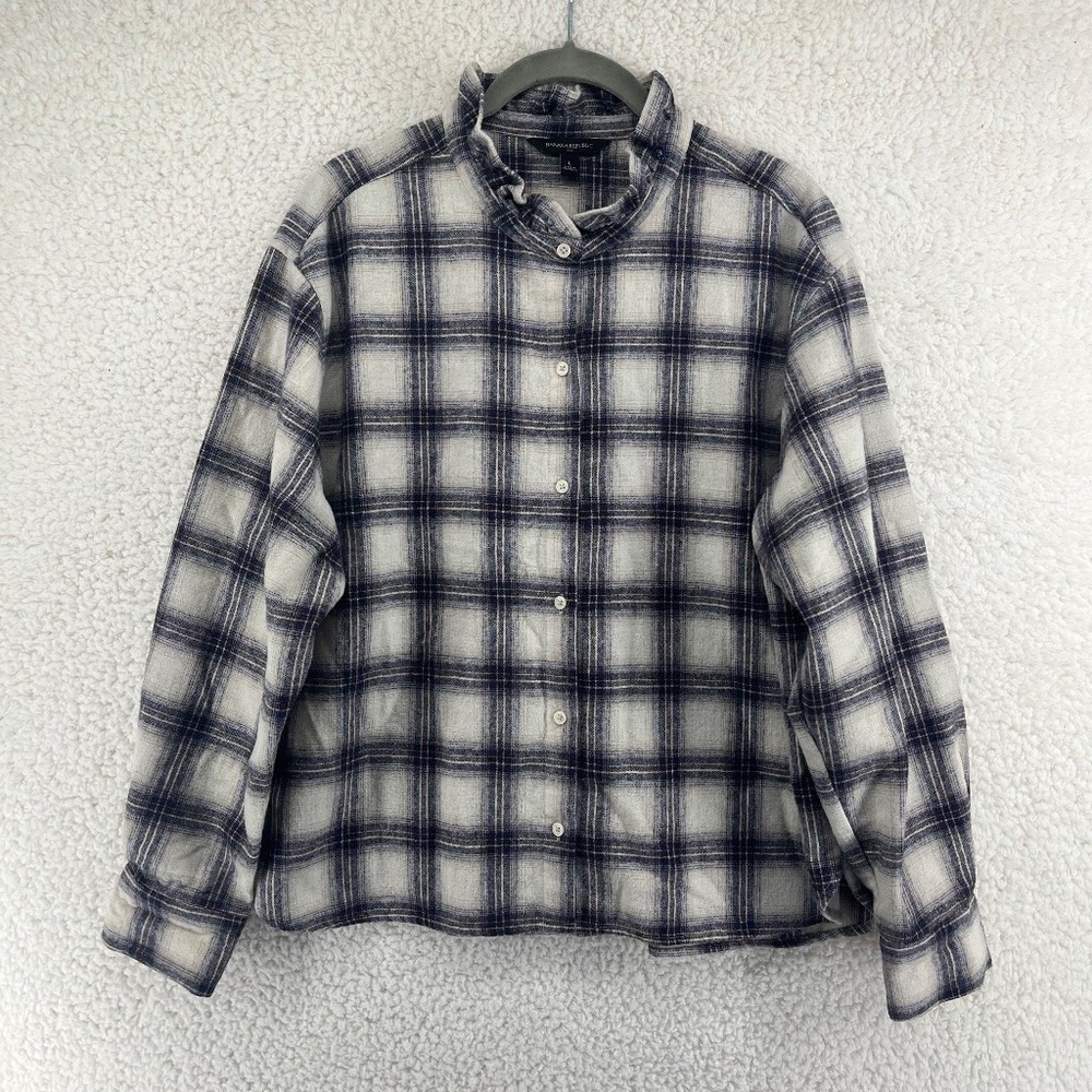 Banana Republic L Wool Blend Plaid Ruffle Flannel Shirt Blue Cream Button Up